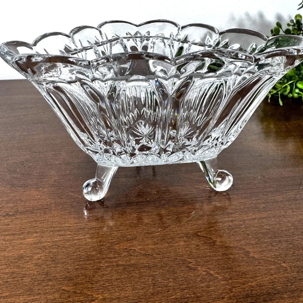 Vintage Cut Crystal Covered Candy Dish Etched Bird 3 Footed Faceted Finial